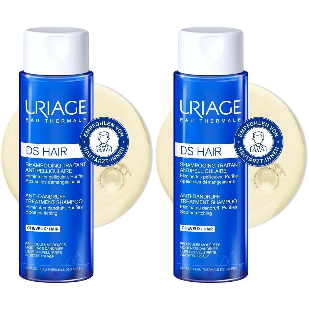 Zwei blaue Shampoo-Flaschen mit weißem Deckel. Aufschrift: DS HAIR, Anti-Schuppen-Shampoo. Empfohlen von Hautärzten.