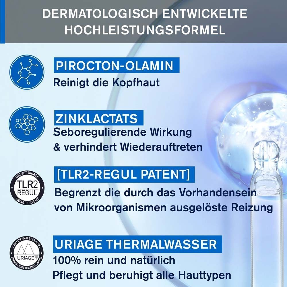 Grafik mit Inhaltsstoffen. Text: Pirocton-Olamin, Zinklaktate, TLR2-Regul, Uriage Thermalwasser. Dermatologisch entwickelt.