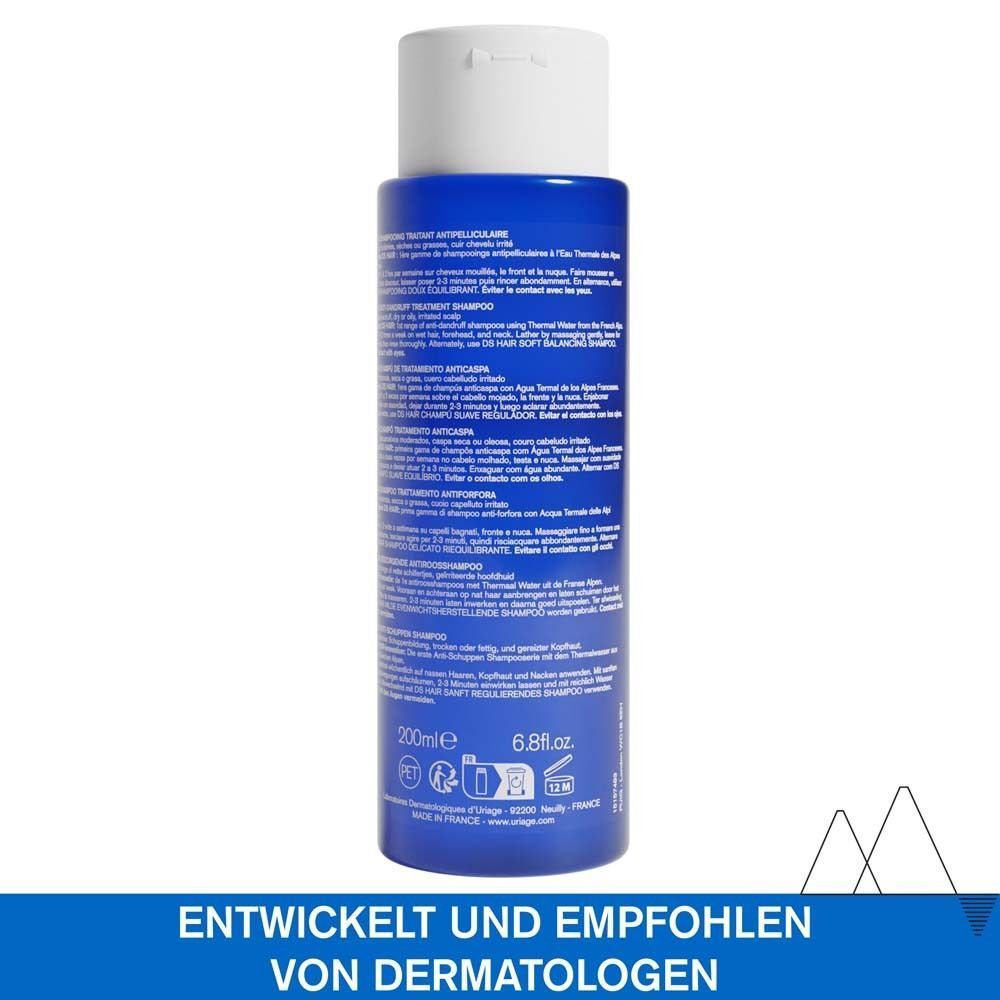 Rückseite einer blauen Shampoo-Flasche. Text: Entwickelt und empfohlen von Dermatologen. Marke: Uriage.