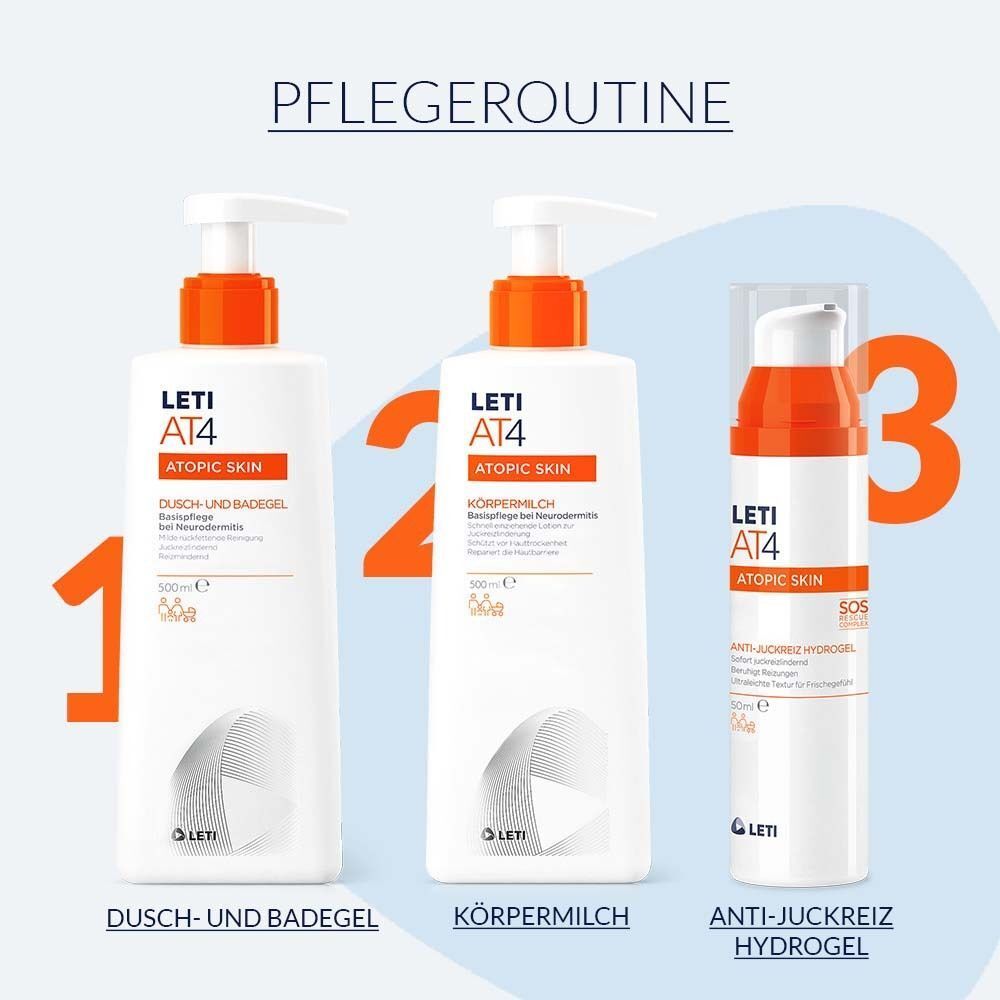 Drei Produkte: LETI AT4 Dusch- und Badegel, Körpermilch und Anti-Juckreiz Hydrogel. Alle mit orangefarbenen Akzenten.