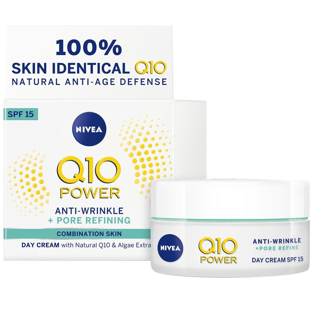 NIVEA Q10 Power Tagescreme mit Verpackung. Weiße Schachtel und Tiegel. Aufschrift: Anti-Falten + Porenverfeinerung, Lichtschutzfaktor 15.