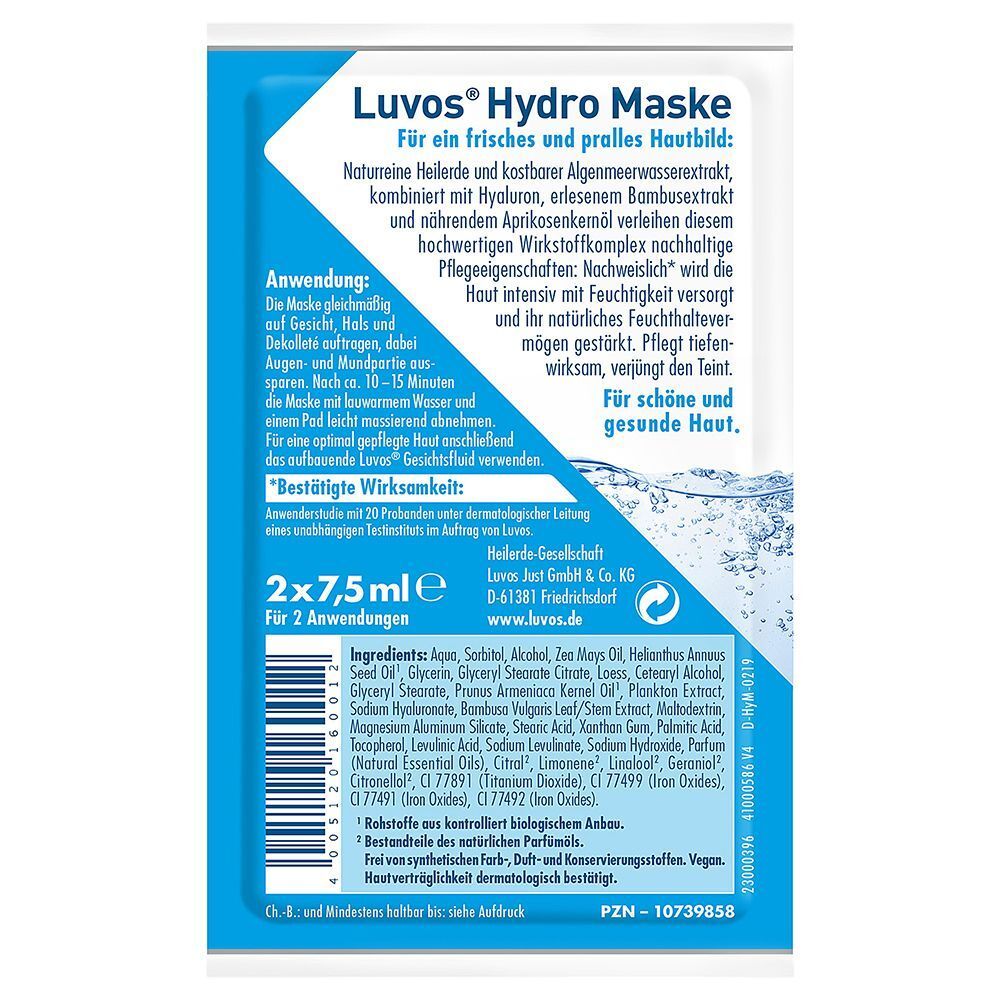 Rückseite der Luvos Hydro Maske. Text auf blauem Hintergrund. Angaben zu Inhaltsstoffen und Anwendung. 2x7,5ml.