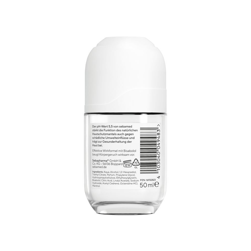 Rückseite eines Roll-on-Deodorants. Klare Flasche mit weißem Deckel. Text und Barcode. Aufschrift: 50ml.