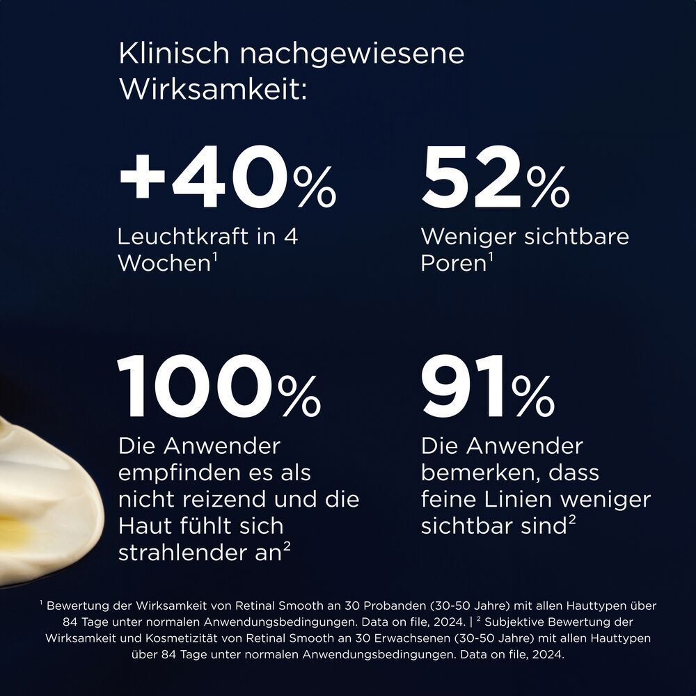 Text: Klinisch nachgewiesene Wirksamkeit. +40% Leuchtkraft. 52% weniger Poren. 100% fühlen sich nicht gereizt.