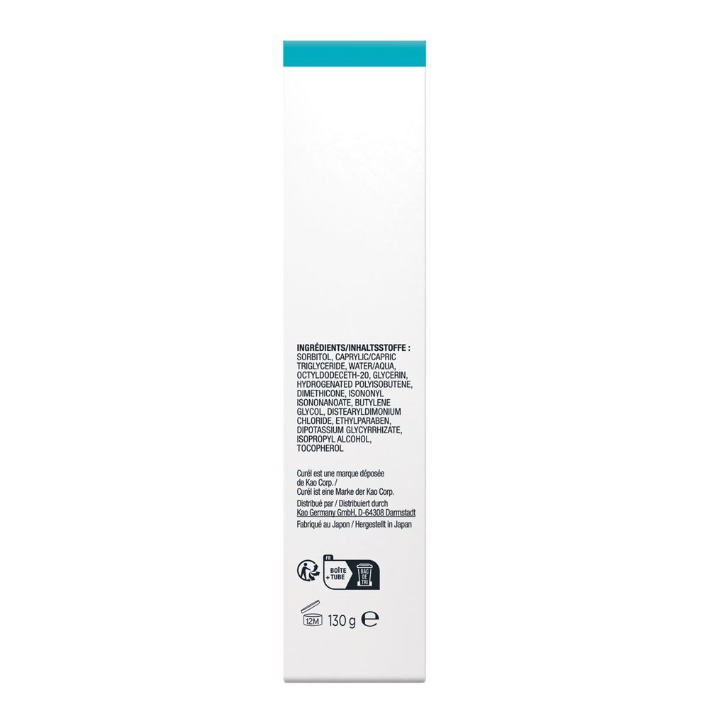 Rückseite der Verpackung Curél Make-Up Reinigungs-Gel. Text: Inhaltsstoffe, Warnhinweise, Recycling-Symbol.
