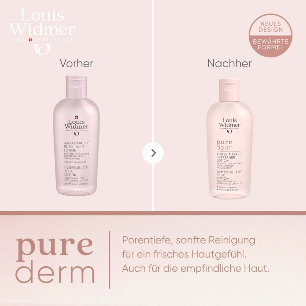 Vergleich von zwei Flaschen Augen Make-up-Entferner. Links: Vorher. Rechts: Nachher. Text: Neues Design, bewährte Formel.