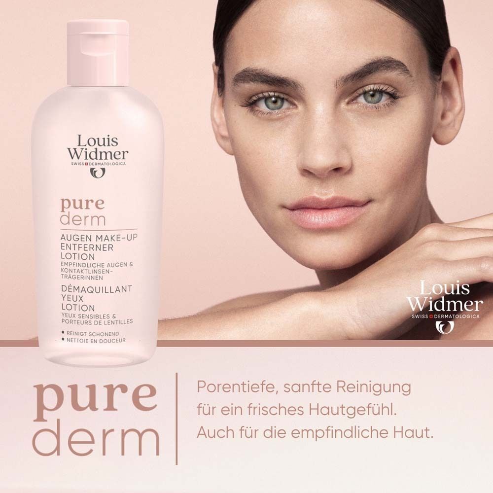 Eine Flasche Augen Make-up-Entferner neben einem Frauenporträt. Aufschrift: Louis Widmer, pure derm.