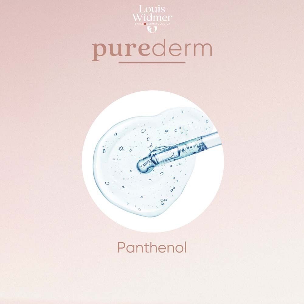 Tropfen einer Flüssigkeit mit Pipette. Text: Panthenol. Hintergrund: Rosa.