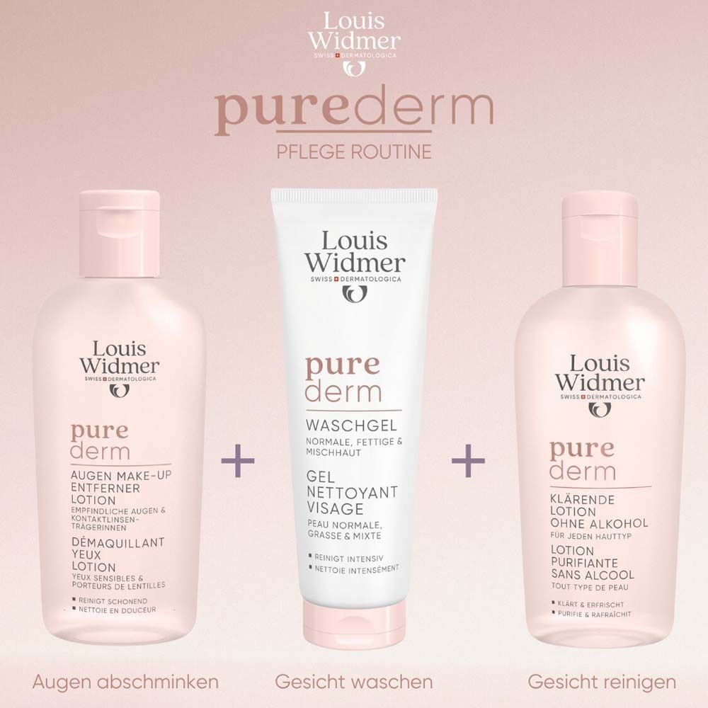 Drei Produkte: Augen Make-up-Entferner, Waschgel, klärende Lotion. Aufschrift: Louis Widmer, pure derm.