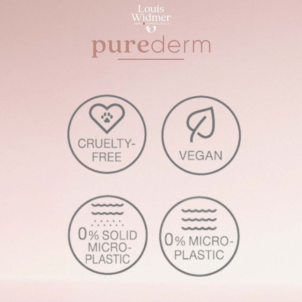 Vier Symbole: Cruelty-free, Vegan, 0% Mikroplastik, 0% feste Mikropartikel. Hintergrund: Rosa.