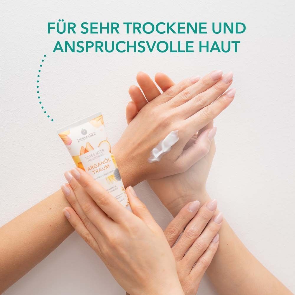 Hände mit Creme. Tube Handcreme sichtbar. Text: Für sehr trockene und anspruchsvolle Haut.