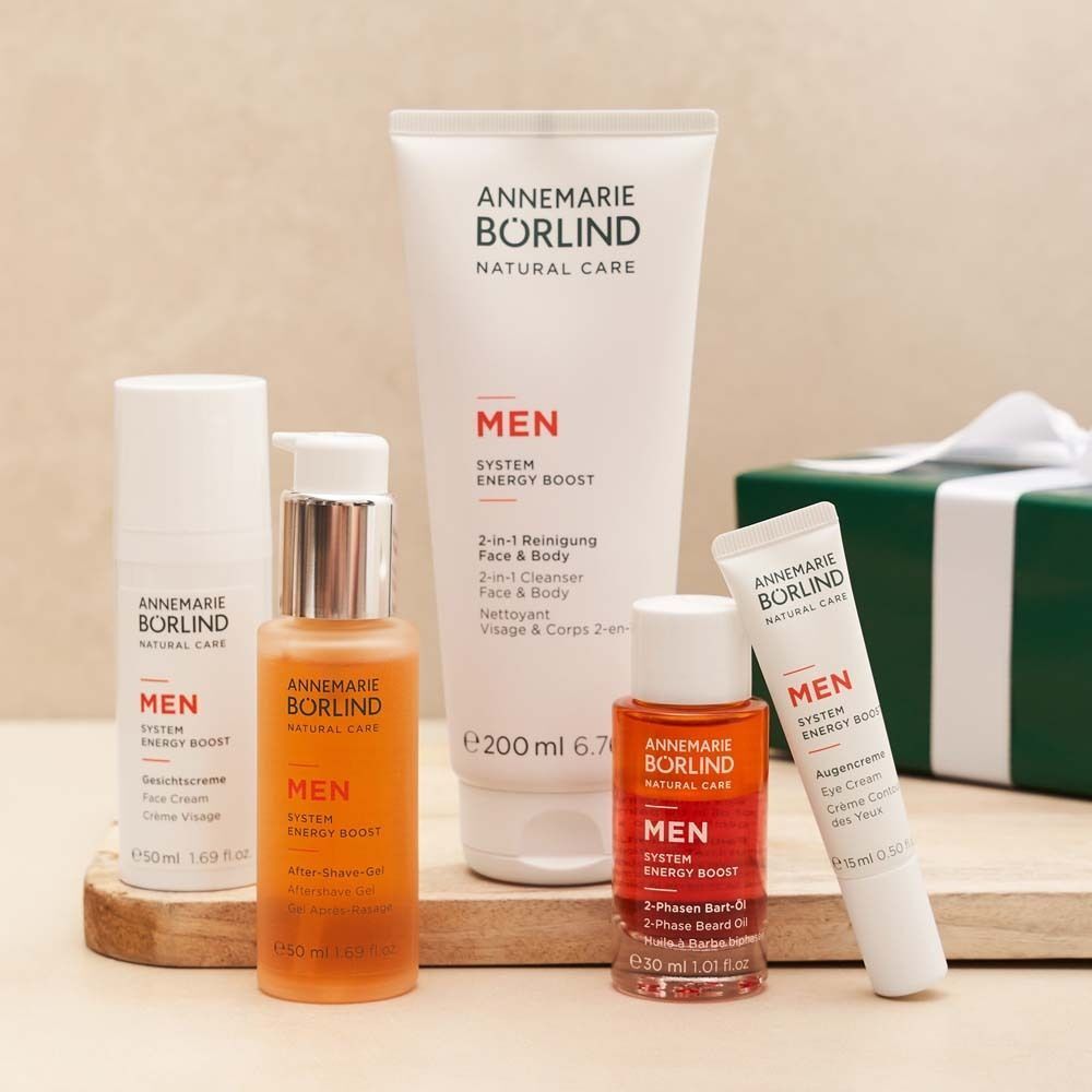 ANNEMARIE BÖRLIND MEN Pflegeset: Gesichtscreme, After-Shave-Gel, Bartöl, Reinigungsgel, Augencreme.