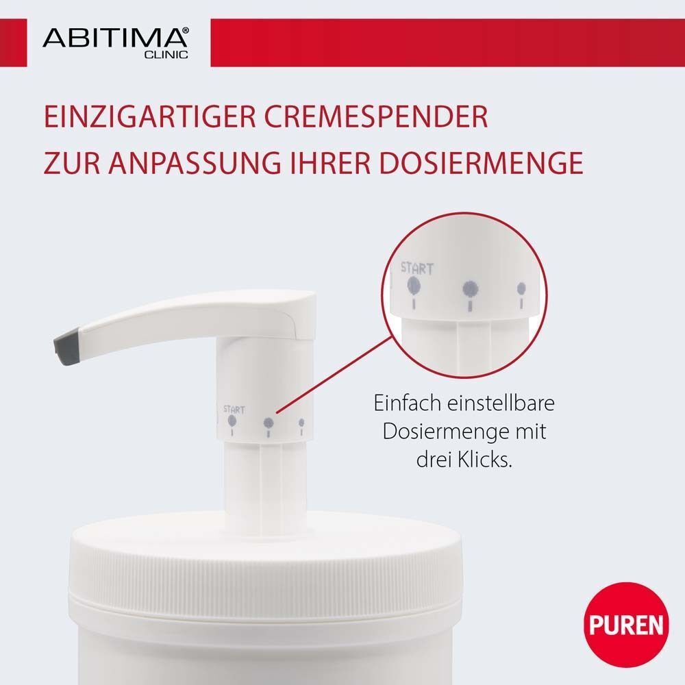 Weißer ABITIMA® CLINIC Spender mit Dosierpumpe. Einstellbare Dosierung mit drei Klicks. START-Markierungen. PUREN-Logo.