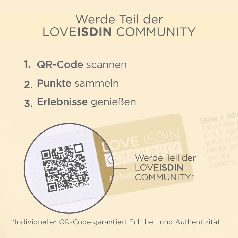 QR-Code. Text: Werde Teil der LOVEISDIN COMMUNITY. Individueller QR-Code garantiert Echtheit und Authentizität.