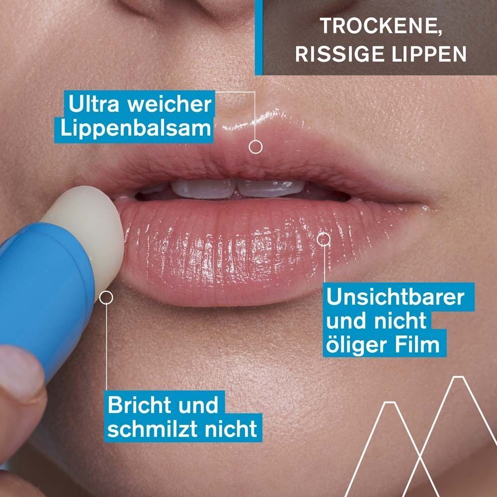 Lippenpflegestift an Lippen. Text: Ultra weicher Lippenbalsam, unsichtbarer Film, bricht und schmilzt nicht.