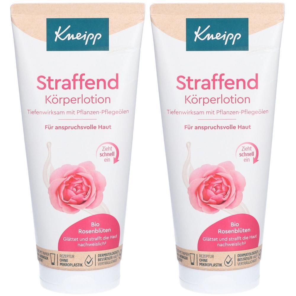 Zwei Tuben Körperlotion. Aufschrift: Kneipp Straffend Körperlotion Rosenblüten. Mit Rosenblüten-Abbildung. Weißes Design.