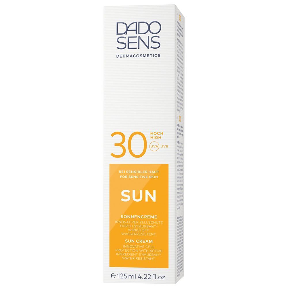 Verpackung DADO SENS Sonnencreme LSF 30, 125ml, für sonnenempfindliche Haut.