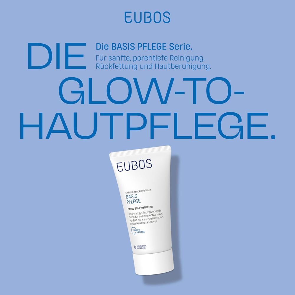 EUBOS Salbe 5% Panthenol Tube. Text: DIE GLOW-TO-HAUTPFLEGE. BASIS PFLEGE Serie. Für sanfte, porentiefe Reinigung.