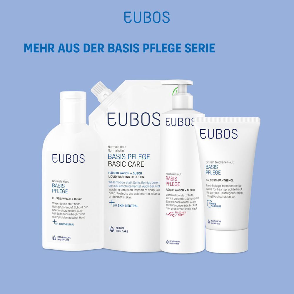 Verschiedene EUBOS Produkte. Text: MEHR AUS DER BASIS PFLEGE SERIE. Flasche, Spender, Tube. BASIS PFLEGE.
