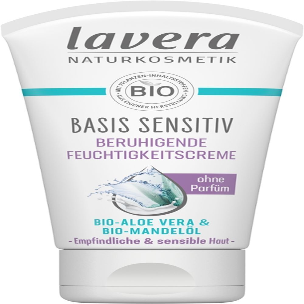 Weiße Tube mit Produktinformationen. Aufschrift: BASIS SENSITIV BERUHIGENDE FEUCHTIGKEITSCREME. Logo: BIO. Ohne Parfüm. Für empfindliche Haut.