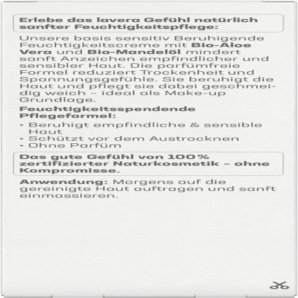 Weißer Karton mit Text. Textabschnitte: Feuchtigkeitspflege, Anwendung. Logos: zertifizierte Naturkosmetik. Text: ohne Kompromisse.
