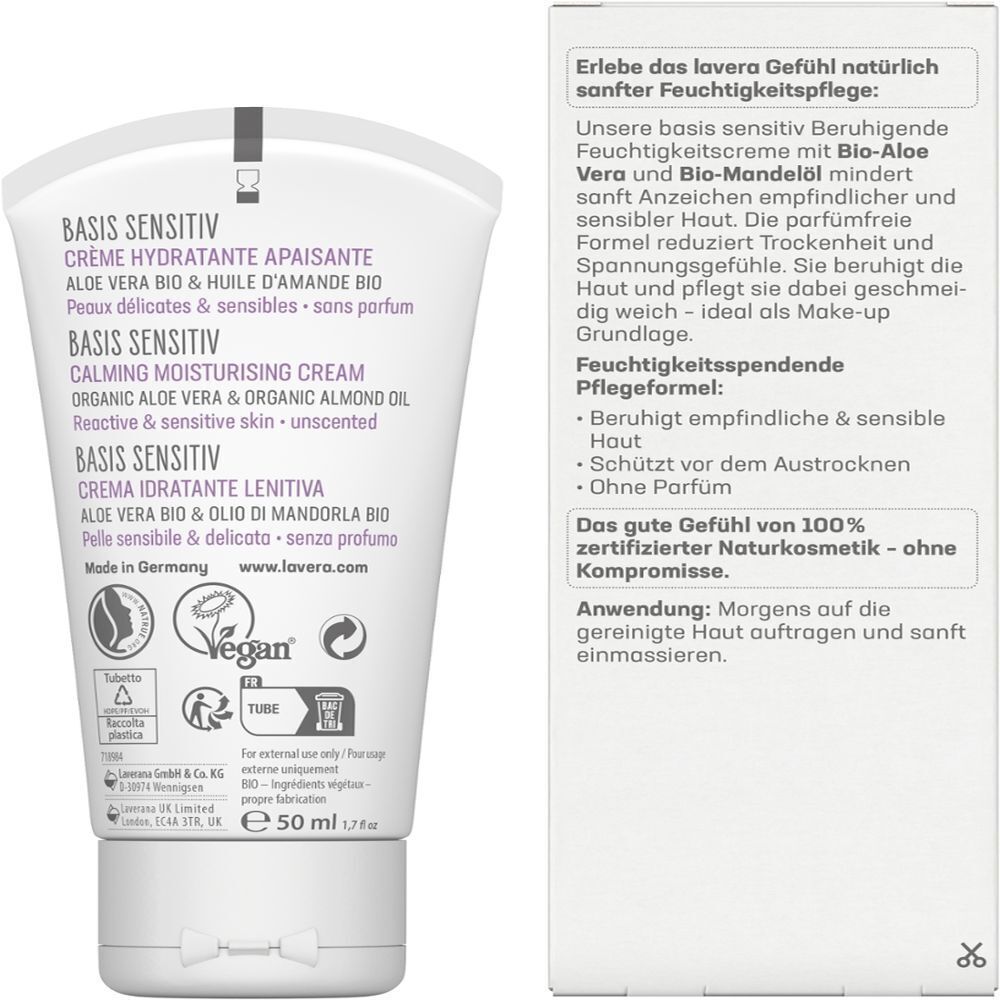 Tube und Karton. Auf der Tube: BASIS SENSITIV CREMA IDRATANTE LENITIVA. Auf dem Karton: Feuchtigkeitspflege, Anwendung. Logos: Vegan, BIO.