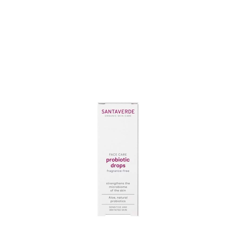 SANTAVERDE PROBIOTIC drops Verpackung. Weiße Schachtel. Aufschrift: SANTAVERDE, probiotic drops, fragrance-free.