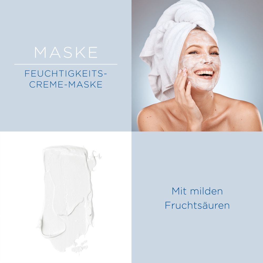 Eine Frau mit Handtuch auf dem Kopf trägt eine Gesichtsmaske. Daneben ein Klecks Creme. Text: MASKE, FEUCHTIGKEITS-CREME-MASKE, Mit milden Fruchtsäuren.