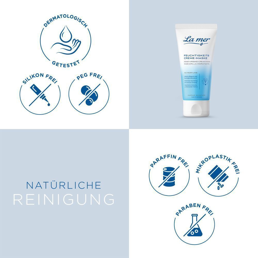 Eine Tube La mer FEUCHTIGKEITS-CREME-MASKE. Text: MOISTURISING-CREAM-MASK. Logos: Dermatologisch getestet, Silikon frei, PEG frei, Paraffin frei, Mikroplastik frei, Paraben frei.