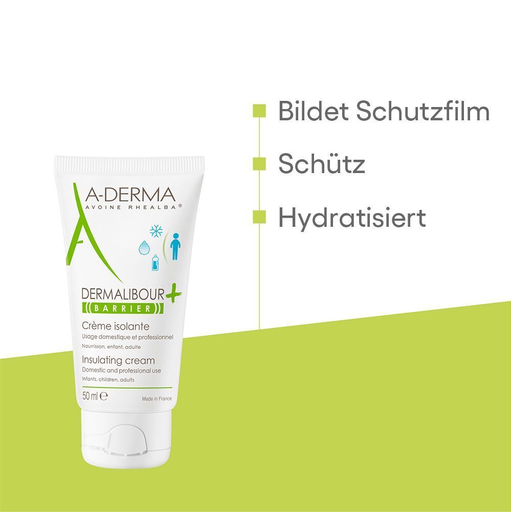 A-DERMA DERMALIBOUR+BARRIER Tube. Weiße Tube mit grüner Schrift. Text: Crème isolante. Grüne Textfelder: Bildet Schutzfilm, schützt, hydratisiert.