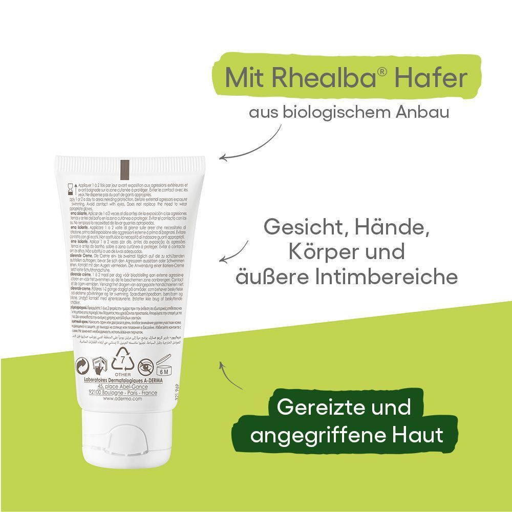 Rückseite der A-DERMA DERMALIBOUR+BARRIER Tube. Text und Informationen. Textfelder: Mit Rhealba Hafer, Gesicht, Hände, Körper, gereizte Haut.