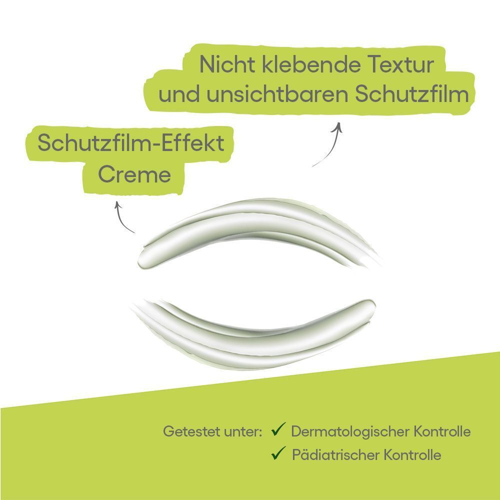 Zwei cremige Streifen. Text: Nicht klebende Textur und unsichtbarer Schutzfilm. Text: Schutzfilm-Effekt Creme. Dermatologische und pädiatrische Kontrolle.