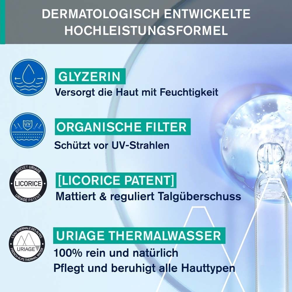 Infografik mit Produktvorteilen. Glyzerin, Organische Filter, [LICORICE PATENT], Uriage Thermalwasser. Dermatologisch entwickelte Hochleistungsformel.