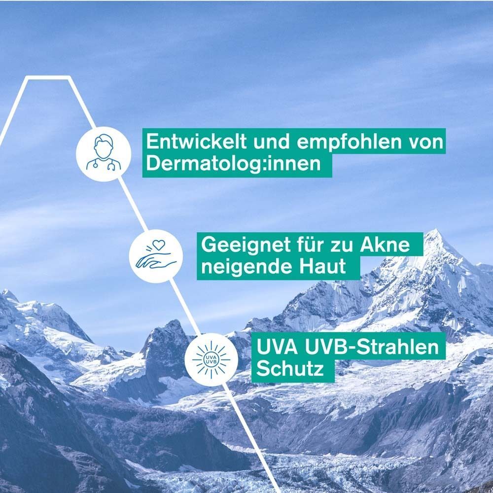 Infografik mit Produktvorteilen. Entwickelt und empfohlen von Dermatolog:innen. Geeignet für zu Akne neigende Haut. UVA UVB-Strahlen Schutz.