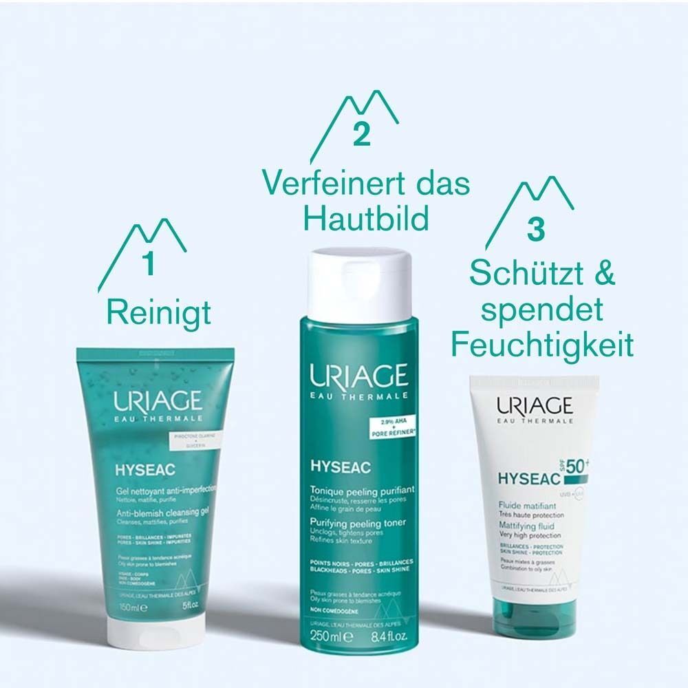 Drei Uriage Hyséac Produkte. Reinigt, Verfeinert das Hautbild, Schützt & spendet Feuchtigkeit. Produkte: Reinigungsgel, Peeling Toner, Mattierendes Fluid.