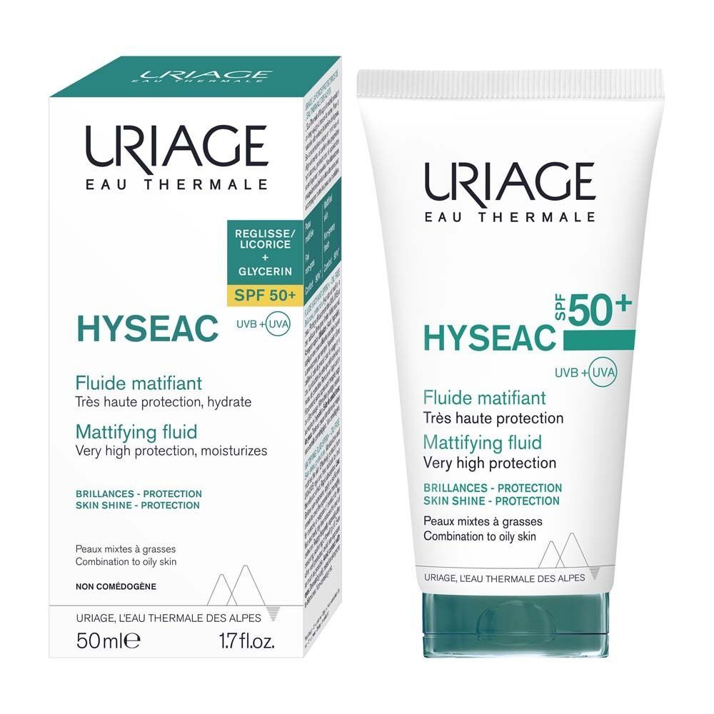 Uriage Hyséac Mattierendes Fluid SPF 50+ und Verpackung. Tube und Karton. Produktname, SPF 50+ und Inhaltsangaben deutlich sichtbar.