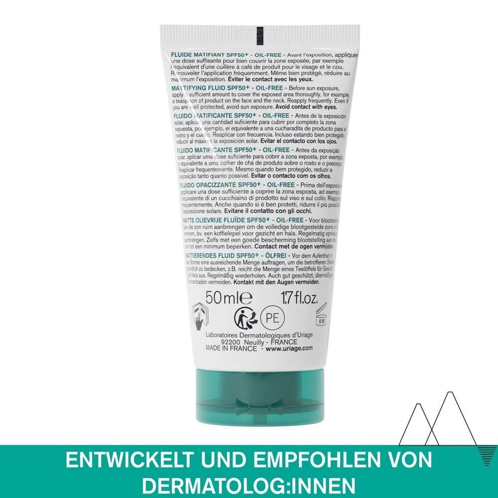 Rückseite der Tube Uriage Hyséac Mattierendes Fluid SPF 50+. Text: Anwendungshinweise, Inhaltsstoffe. Entwickelt und empfohlen von Dermatolog:innen.