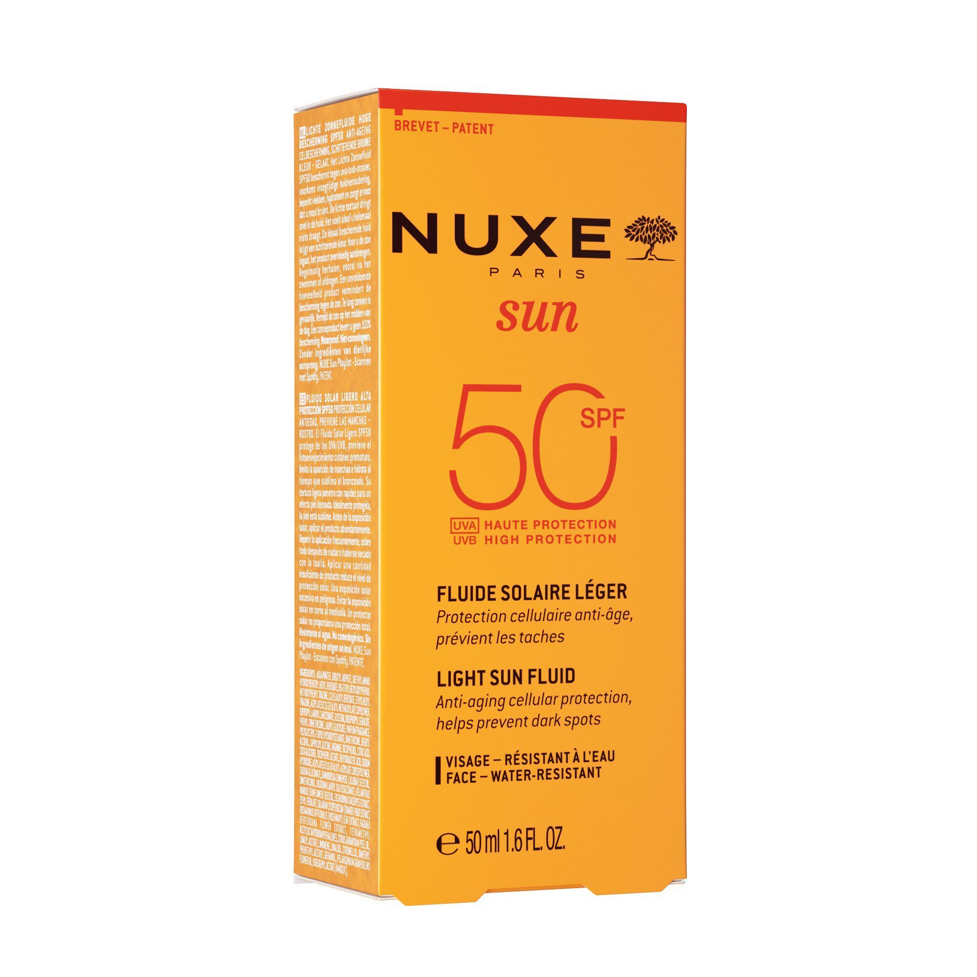 Gelbe Verpackung mit Sonnenfluid. Aufschrift: NUXE Sun, SPF 50, Fluide Solaire Léger, Anti-Aging-Schutz, hilft, dunkle Flecken zu verhindern.