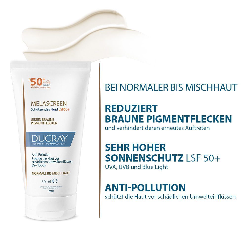 MELASCREEN Schützendes Fluid LSF50+ von DUCRAY. Text: Reduziert Pigmentflecken, sehr hoher Sonnenschutz LSF 50+.