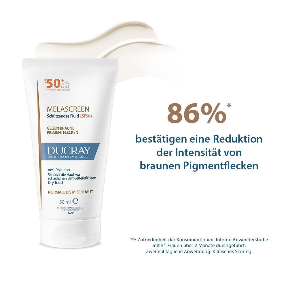 MELASCREEN Schützendes Fluid LSF50+ von DUCRAY. Text: 86% bestätigen eine Reduktion der Intensität von braunen Pigmentflecken.