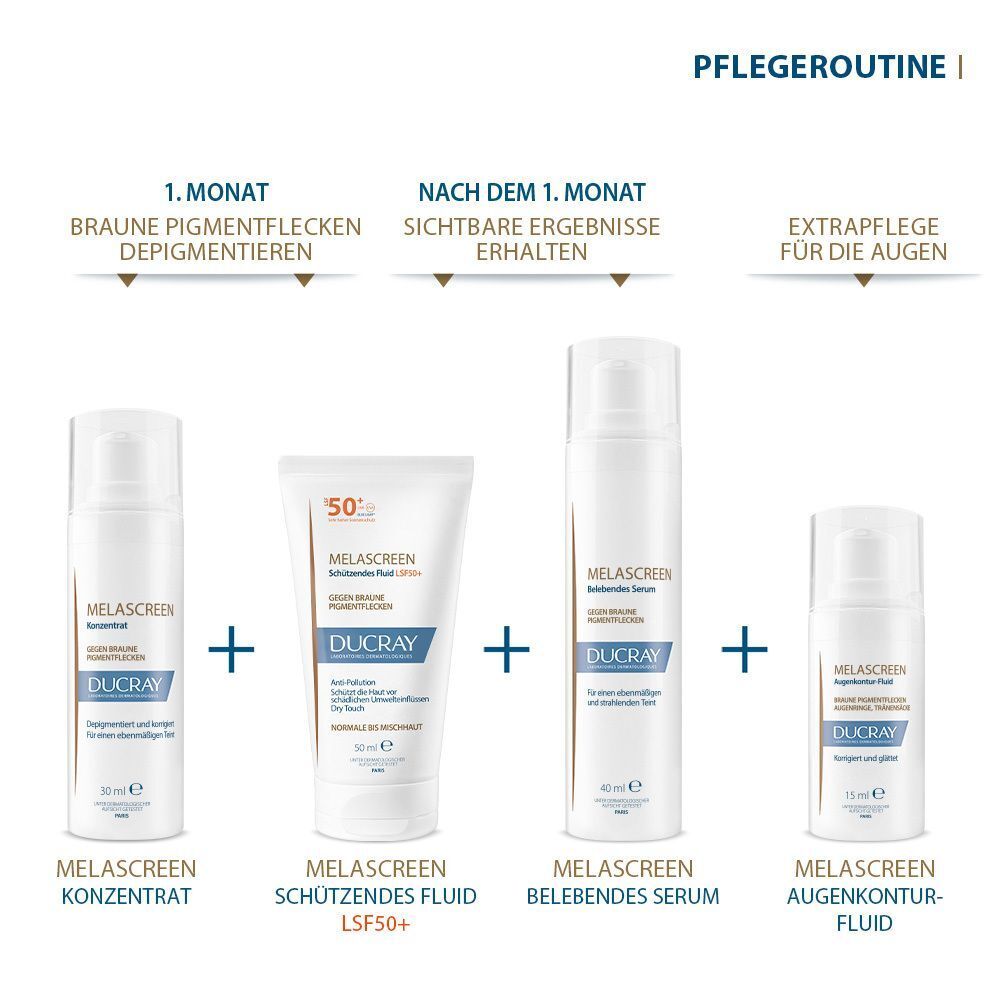 Pflegeroutine: MELASCREEN Konzentrat, Schützendes Fluid LSF50+, belebendes Serum, Augenkontur-Fluid.