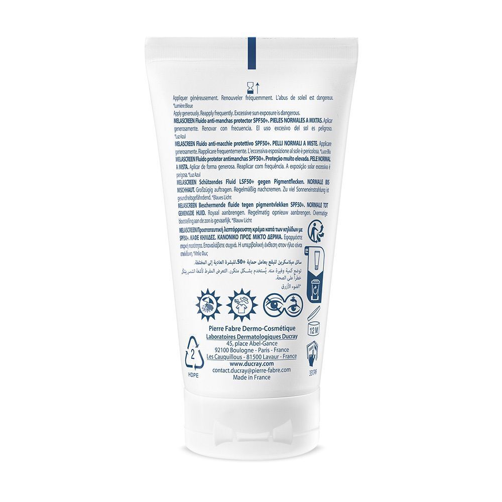 Rückseite einer Tube MELASCREEN Schützendes Fluid LSF50+ von DUCRAY. Text in mehreren Sprachen.