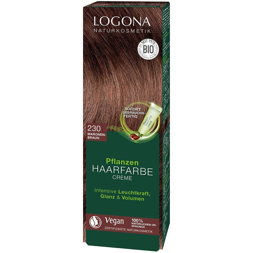 Verpackung Pflanzen-Haarfarbe Creme, Maronenbraun. Logo, Produktinformationen und Vegan-Siegel. Bio-Zertifizierung.