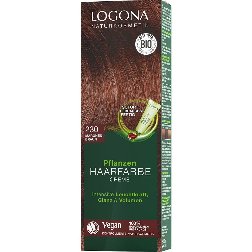 Verpackung Pflanzen-Haarfarbe Creme, Maronenbraun. Logo, Produktinformationen und Vegan-Siegel. Bio-Zertifizierung.