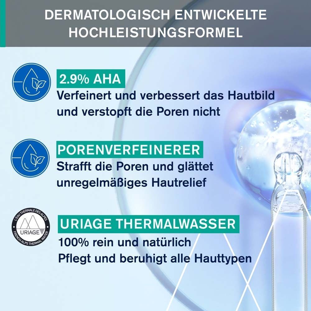 Grafik mit Informationen zum URIAGE Hyseac Gesichtstonic. 2,9% AHA, Porenverfeinerer, URIAGE Thermalwasser.