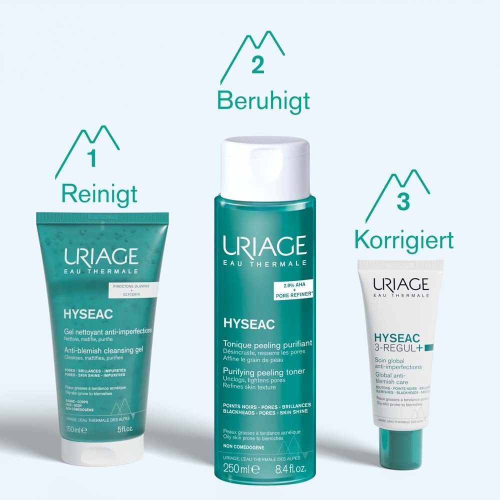 Drei URIAGE Hyseac Produkte. Reinigungsgel, Gesichtstonic und Creme. Reinigt, beruhigt und korrigiert.