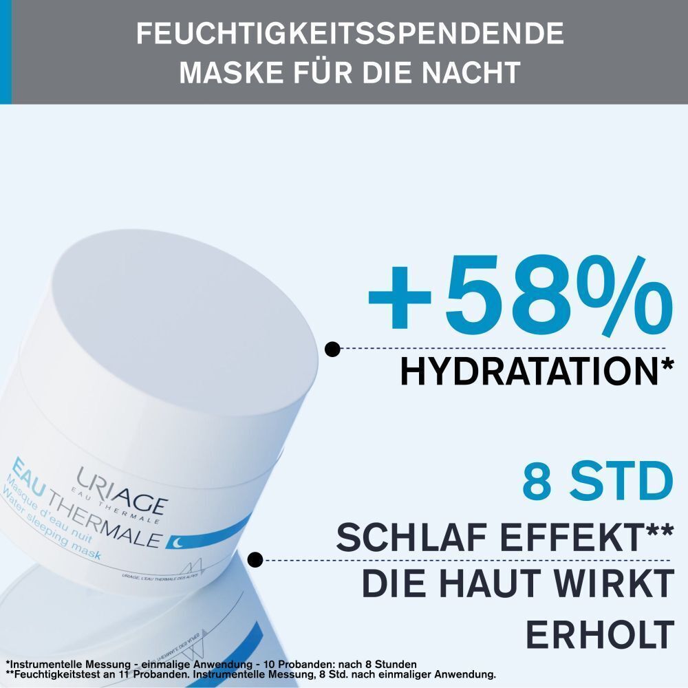 Weißer Tiegel mit blauer Schrift. Text: +58% Hydratation. 8 Std. Schlaf Effekt. Die Haut wirkt erholt. Feuchtigkeitsspendende Maske für die Nacht.