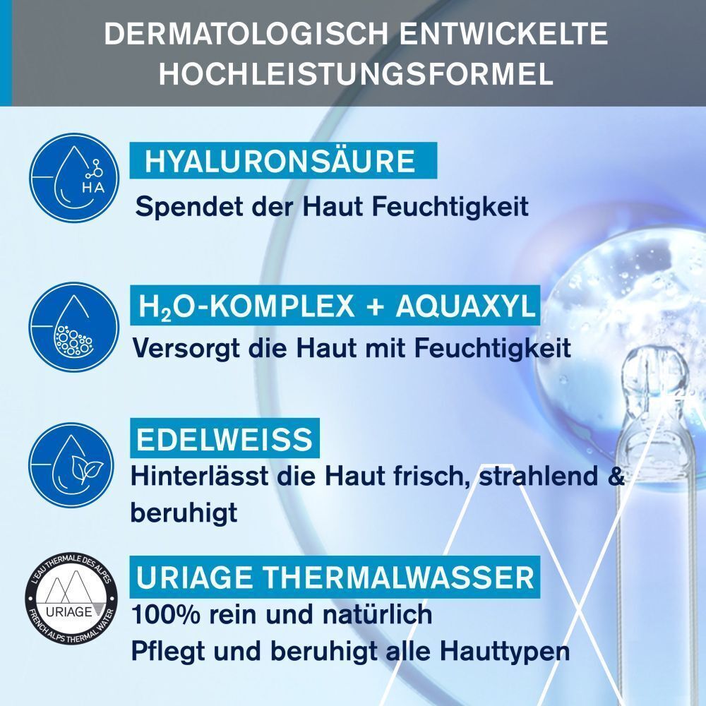 Grafik mit Inhaltsstoffen. Hyaluronsäure, H2O-Komplex + Aquaxyl, Edelweiß, Uriage Thermalwasser. Dermatologisch entwickelte Hochleistungsformel.