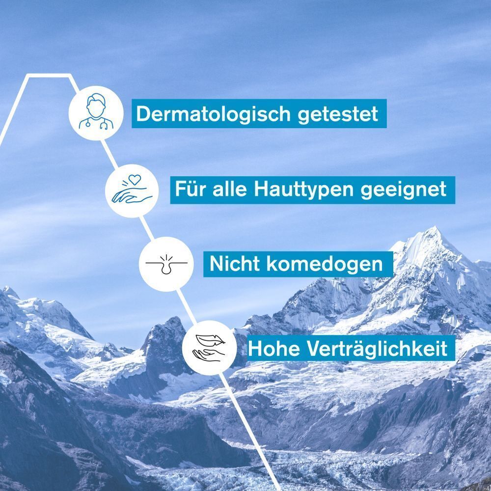 Grafik mit Text. Dermatologisch getestet. Für alle Hauttypen geeignet. Nicht komedogen. Hohe Verträglichkeit. Hintergrund: Berglandschaft.
