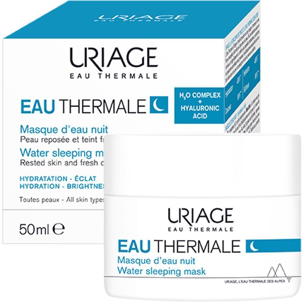 Produktverpackung. Weißer Tiegel und Karton. Aufschrift: URIAGE EAU THERMALE Masque d'eau nuit Water sleeping mask. 50ml.